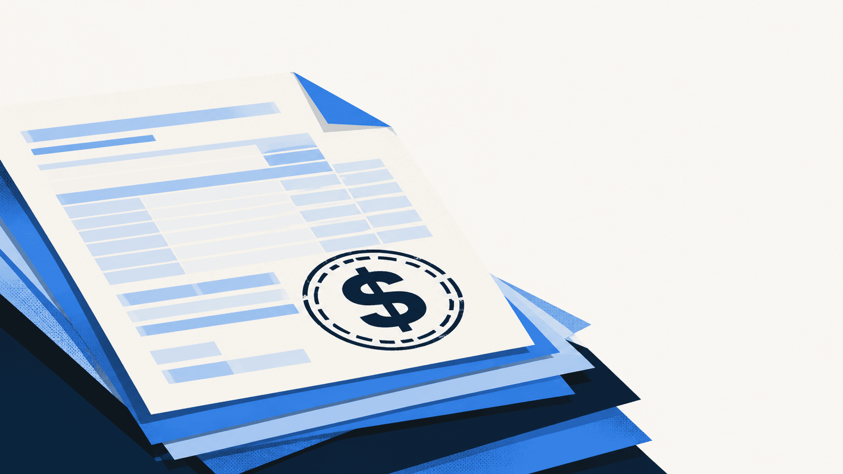 Editorial illustration: a tax return sheet with a rubber stamp dollar-sign mark over misaligned layers beneath, symbolizing US sales tax data flows that drift out of alignment in headless commerce.