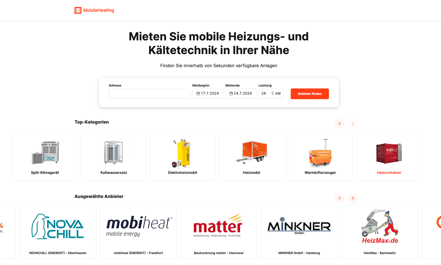 MobileHeating marketplace homepage