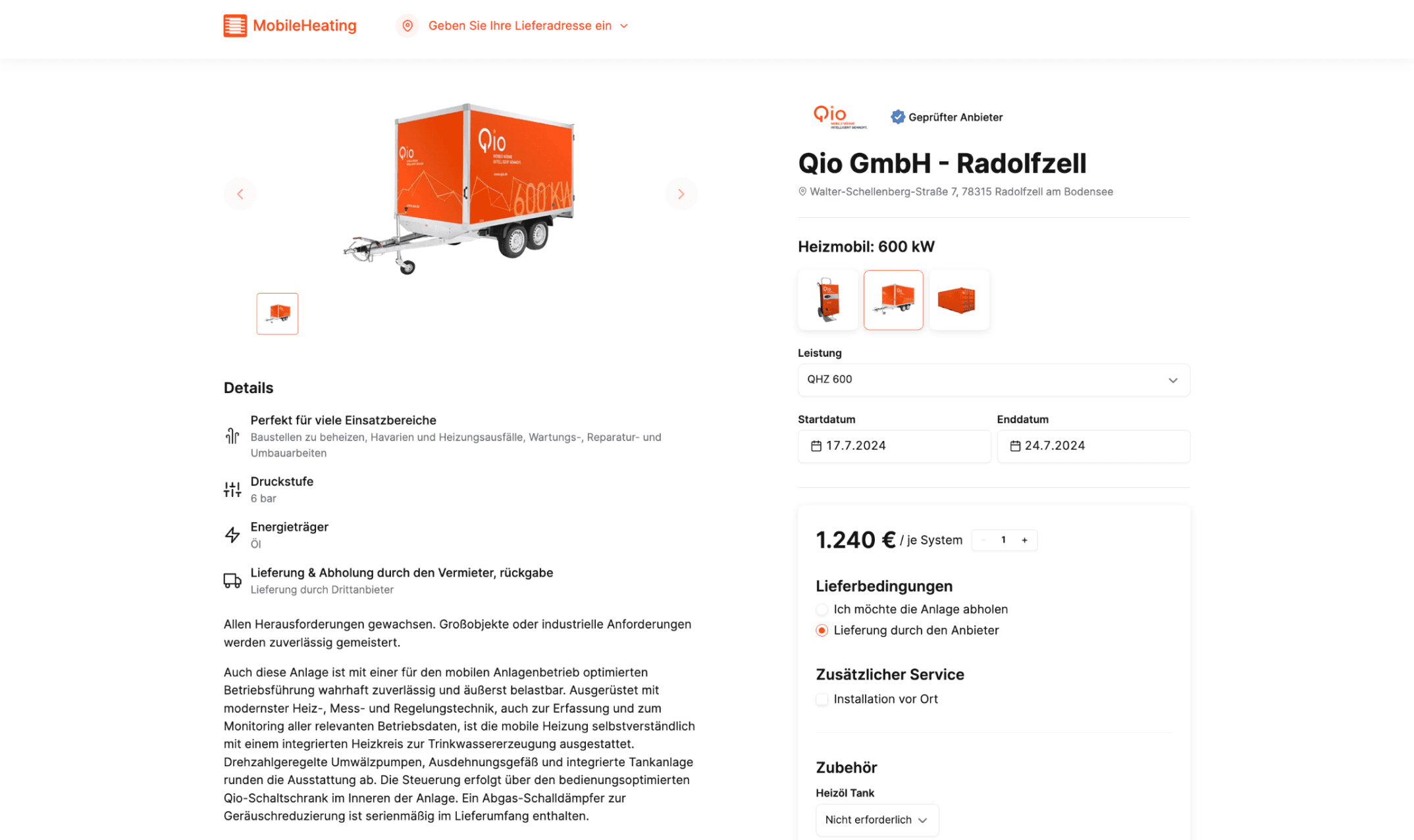 MobileHeating rental product page